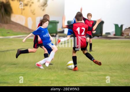 Le match de football pour Garçon a été édité avec un effet de dessin animé. Jeu de football entre équipes rouge et bleue. Banque D'Images