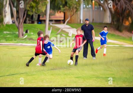 Le match de football pour Garçon a été édité avec un effet de dessin animé. Jeu de football entre équipes rouge et bleue. Banque D'Images