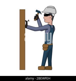 Homme de bande dessinée un charpentier en salopette, dans un casque de construction et des lunettes de protection tient un marteau dans sa main. Conduire un clou Illustration de Vecteur