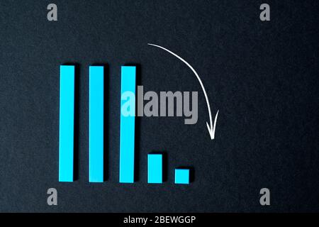 Graphique à barres de déclin, aggravation. Concept de récession et de crise sur fond noir Banque D'Images