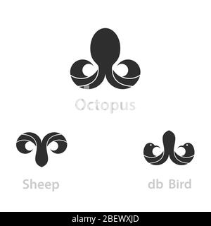 Ensemble d'icônes et de symboles animaux, logo simple de poulpe, mouton, et oiseau, double oiseaux un logo pour la lettre initiale db vecteur graphique, affaires abstraites Illustration de Vecteur