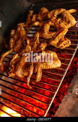 Ailes de poulet épicées grillées. Viande de poulet marinée sur un gril. Collation de fête. Profondeur de champ peu profonde Banque D'Images