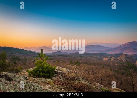 Vue panoramique sur le magnifique lever du soleil sur les incroyables formations rocheuses de Belogradchik, une ville historique du nord-ouest de la Bulgarie Banque D'Images