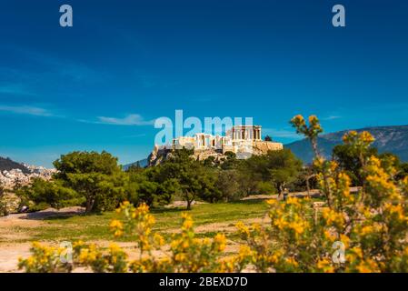 Vue incroyable sur l'Acropole grecque lors du coup de printemps du parc archéologique d'Athènes, Grèce Banque D'Images