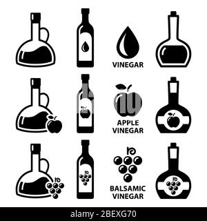 Ensemble d'icônes vectorielles vinaigre - vinaigre de cidre de pomme et vinaigre balsamique design en bouteilles Illustration de Vecteur