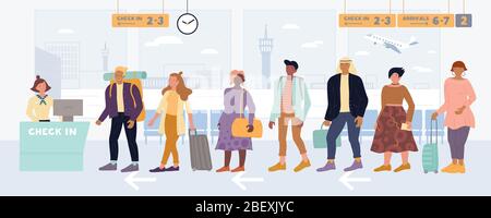 Hommes multiraciaux, femmes en file d'attente pour l'enregistrement, déposer des bagages à l'aéroport international. Illustration de Vecteur