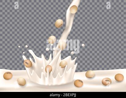 Lait de soja avec éclaboussures isolées sur fond transparent. Grains de soja avec lait en baisse pour la conception de l'emballage. Illustration vectorielle 3d Illustration de Vecteur