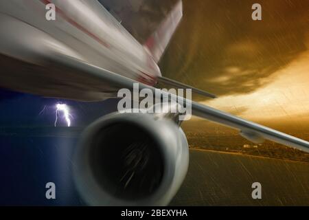 Jet très rapide voler loin de la foudre puissante dans le ciel sombre de tempête Banque D'Images
