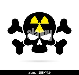 icône crâne noir avec des os croisés et un signe de rayonnement jaune sur un fond blanc. Symbole de mort, danger ou icône poison style plat pour les sites Web Illustration de Vecteur