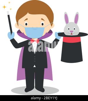 Illustration vectorielle mignon d'un magicien avec masque chirurgical et gants en latex comme protection contre une urgence de santé Illustration de Vecteur