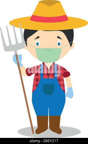 Illustration vectorielle mignonne d'un fermier avec masque chirurgical et gants en latex comme protection contre une urgence de santé Illustration de Vecteur