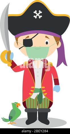 Illustration vectorielle mignonne d'un pirate avec masque chirurgical et gants en latex pour la protection contre une urgence sanitaire Illustration de Vecteur