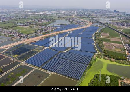 (200416) -- CHANGXING, 16 avril 2020 (Xinhua) -- une photo aérienne prise le 16 avril 2020 montre une ferme de poissons avec panneaux photovoltaïques installés à la surface dans le village de Gulong du comté de Changxing, dans la province de Zhejiang en Chine orientale. La ferme piscicole, qui couvre une superficie de 500 um (environ 33,3 hectares), est utilisée pour élever le poisson et, en même temps, pour produire de l'électricité après l'installation de panneaux photovoltaïques sur sa surface. Générant plus de 20 millions de kilowattheures d'électricité par an, l'application de panneaux photovoltaïques peut générer un chiffre d'affaires de plus de 10 millions de yuans (environ 1,41 million de dollars) Banque D'Images