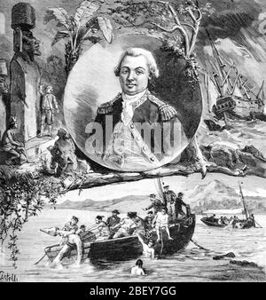 Expéditions et portrait de Jean-François Galapp, comte de Lapérouse ou de la Perouse (1741-1788?) Officier de marine et explorateur français. Vintage ou ancienne illustration ou gravure 1888 Banque D'Images