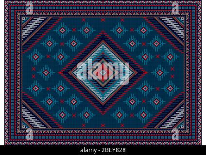 Vintage luxe tapis dans des tons bleus avec un cadre en forme de losange rouge dans le centre avec des motifs de bleu foncé, rouge, bleu et gris Banque D'Images