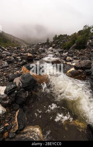 Une rivière de montagne coule entre les pierres. Brouillard épais dans la distance. Météo sombre. Espace de copie. Vertical. Banque D'Images