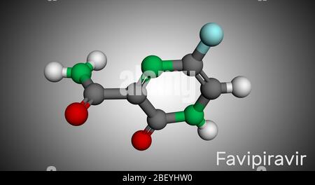 Favipiravir, molécule de C5H4FN3O2. Il s'agit d'un médicament antiviral, a une activité contre les virus de l'ARN, l'influenza aviaire, le virus Ebola, le virus Lassa, COVID-19. Mo Banque D'Images