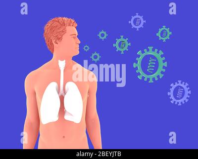 Illustration tridimensionnelle du virus flottant et d'un homme montrant l'anatomie des poumons. Suspendu dans l'espace sur un fond bleu, ils sont entrés dans le respirateur Banque D'Images