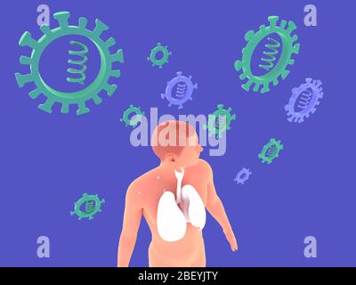 Illustration tridimensionnelle du virus planant de façon menaçante sur un homme montrant l'anatomie des poumons. Suspendu dans l'espace sur fond bleu. Banque D'Images