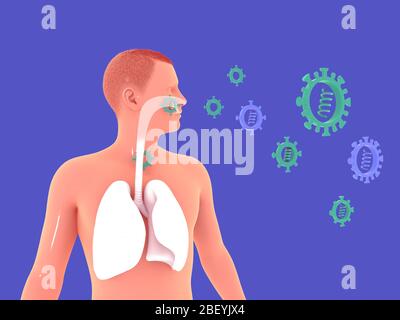 Illustration tridimensionnelle du virus flottant et d'un homme montrant l'anatomie des poumons. Suspendu dans l'espace sur un fond bleu, ils sont entrés dans le respirateur Banque D'Images