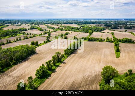 Vue aérienne des terres agricoles rurales le long du fleuve Saint-Laurent Banque D'Images