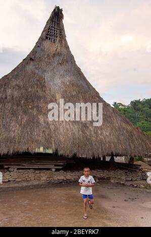 Kelimutu, East Nusa Tenggara / Indonésie - 13 janvier 2015 : enfant jouant devant la maison indonésienne traditionnelle du village de Koanara. Banque D'Images