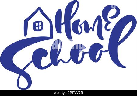 Concept du logo de la scolarité à domicile. Vector Home School calligraphie texte lettrage et icône de maison. Pour étudier à la maison en ligne. Emblème d'illustration de Illustration de Vecteur