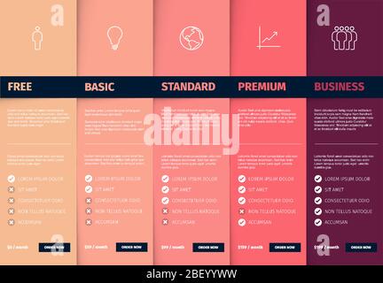 Produits service fonction comparer liste modèle de table avec diverses options, description, caractéristiques et prix - version couleur rose Illustration de Vecteur