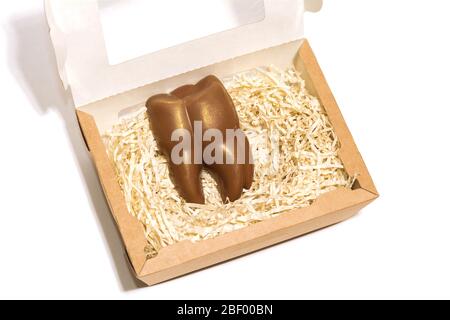 drôle de dent brune de chocolat avec spray or dans boîte d'emballage cadeau isolée sur un fond blanc Banque D'Images