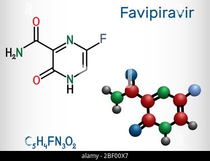 Favipiravir, molécule de C5H4FN3O2. Il s'agit d'un médicament antiviral, a une activité contre les virus de l'ARN, l'influenza aviaire, le virus Ebola, le virus Lassa, COVID-19. St Illustration de Vecteur