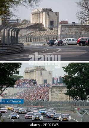 Nuremberg, Allemagne. 16 avril 2020. La liste déroulante montre le début du DTM Touring car Masters allemand au Norisring le 26 juin 2016 (ci-dessous) devant le stand en pierre sur l'ancien site du Rassemblement du parti nazi et sous la vue hors de la course. Crédit: Daniel Karmann/dpa/Alay Live News Banque D'Images