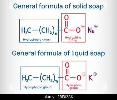 Formule générale de molécule de savon solide et liquide. RCOONa, RCOOK. Formule chimique structurelle. Illustration vectorielle Illustration de Vecteur