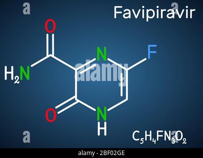 Favipiravir, molécule de C5H4FN3O2. Il s'agit d'un médicament antiviral, a une activité contre les virus de l'ARN, l'influenza aviaire, le virus Ebola, le virus Lassa, COVID-19. St Illustration de Vecteur