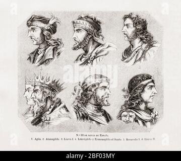 Six rois espagnols. Ils sont nommés dans la légende sous les portraits. De Las Glorias Nacionales, publié à Madrid et Barcelone, 1852. Banque D'Images