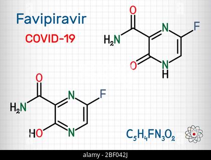 Favipiravir, molécule de C5H4FN3O2. Il s'agit d'un médicament antiviral, a une activité contre les virus de l'ARN, l'influenza aviaire, le virus Ebola, le virus Lassa, COVID-19. SH Illustration de Vecteur