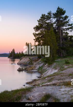 Coucher de soleil sur la forêt et le rivage du lac Yellowstone Banque D'Images