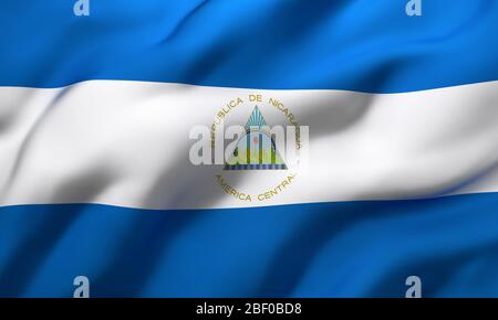 Drapeau du Nicaragua souffle dans le vent. Drapeau volant nicaraguayen pleine page. Illustration tridimensionnelle. Banque D'Images