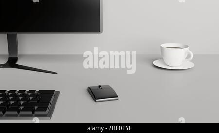 Détail de bureau avec un écran d'ordinateur, un clavier, une souris et une tasse de café. Concept de bureau à domicile. Rendu 3D. Banque D'Images