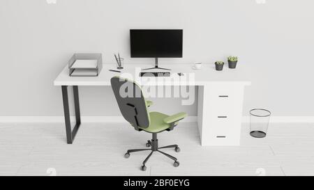 Bureau avec un ordinateur, des papiers, des stylos, des plantes cactus et une tasse de café. Concept de bureau à domicile. Rendu 3D. Banque D'Images