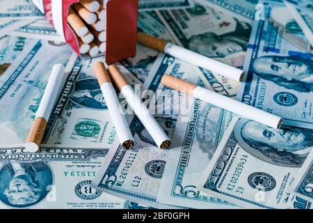 Concept de coût du tabac. Des cigares sur fond de dollars. Banque D'Images