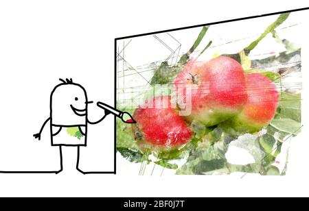 Dessin à la main artiste dessin de dessin de dessin de dessin et de conception de grandes pommes fraîches sur un mur Banque D'Images