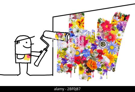 Homme dessin à la main dessin au dessin d'un mur avec des fleurs fraîches colorées Banque D'Images