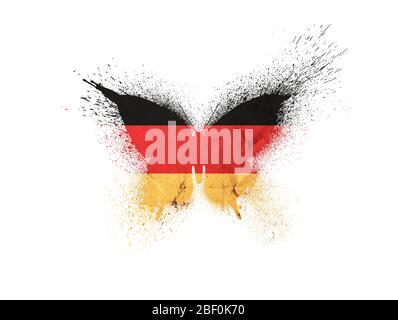 Drapeau allemand vintage sous forme de silhouette de papillon avec des touches de peinture isolées sur fond blanc. Drapeau national allemand sous la forme de a b Banque D'Images