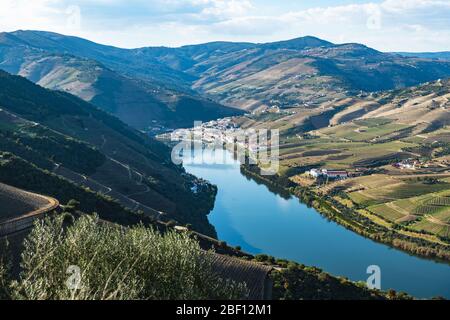 Vue sur les vignobles en terrasses de la vallée du Douro et sur le fleuve près du village de Pinhao, Portugal. Concept pour voyager au Portugal et plus beau p Banque D'Images