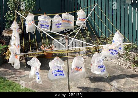 Sac de transport réutilisable en plastique recyclé Tesco séchage à l'extérieur après lavage à l'eau savonneuse comme mesure de précaution pour coronavirus fourni avec livraison en ligne de shopping Royaume-Uni Banque D'Images