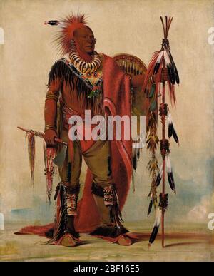 Keeokk, le chef de Fox vigilant de la tribu. George Catlin peint Kee-o-kúk au village sac et Fox en 1835. Il a décrit le chef comme un « homme vain » qui était très content de ses portraits, y compris de cette version. Il porte un costume élaboré de leggings blancs à motif peau de buckskin, une couverture rouge et un collier à griffes. Banque D'Images