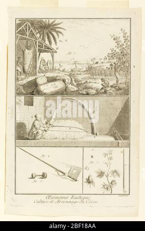 Culture et Arsonnage du Coton de Diderots Encyclopedia Vol I. Registre supérieur, vue de la plantation de coton sur un rivage - coton en cours de sélection et de transformation. Centre, homme travaillant sur une pile de coton non peigné à l'intérieur. Registre inférieur, outils et parties d'une usine de coton. Banque D'Images