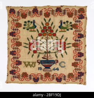 Echantillonneur. Plante à fleurs dans un vase; deux paons; initiales 'W.C.' et '1864' à l'intérieur des rouleaux avec fleurs. Banque D'Images