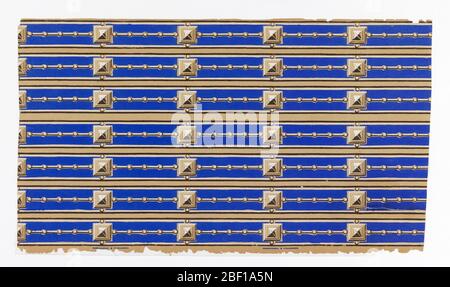Frontières. Longueur partielle. Conception de clous à facettes à cordes ornées de perles, en gris, noir et blanc sur bleu royal, bordés des deux côtés par des lignes blanches et noires. Le papier « flocons d'avoine » montre entre les bandes décorées. Banque D'Images