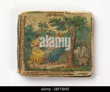 Boîtier d'aiguille. Petite boîte à aiguilles pliante avec couvercles en carton ; à l'intérieur, quatre feuilles de taffeta sont doublées de laine pour insérer des aiguilles. La couverture est peinte avec une scène de jardin avec trois jeunes dames et deux messieurs en robe d'environ 1820. Banque D'Images
